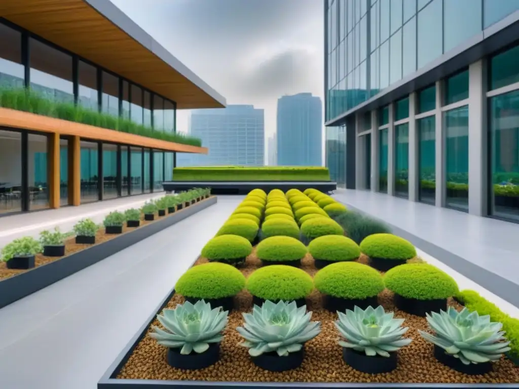 Edificio sostenible: diseño moderno y eco-friendly en la ciudad Edificio comercial sostenible con paneles solares y jardines, reflejando una ciudad vibrante