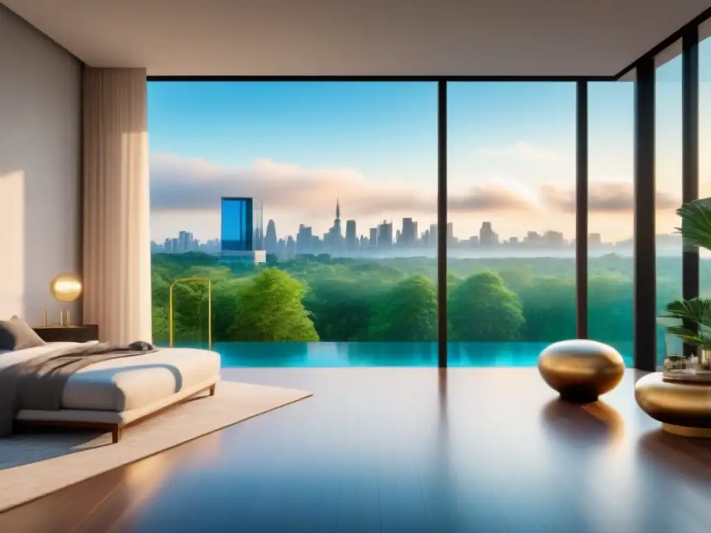 Edificio de condominios de lujo: sofisticación urbana y exención fiscal Edificio de condominios moderno y lujoso con fachada de vidrio, rodeado de vegetación exuberante y un paisaje urbano vibrante