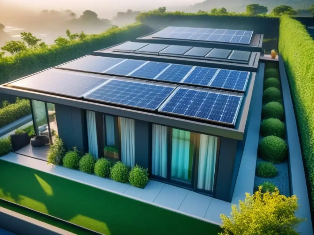 Residencia sostenible con paneles solares y techos verdes Un edificio contemporáneo con características sustentables como paneles solares y techos verdes