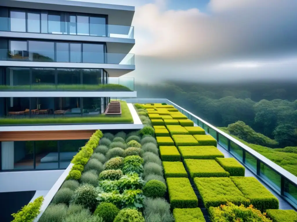 Un edificio contemporáneo certificado por LEED con diseño innovador y características sostenibles, rodeado de exuberante vegetación