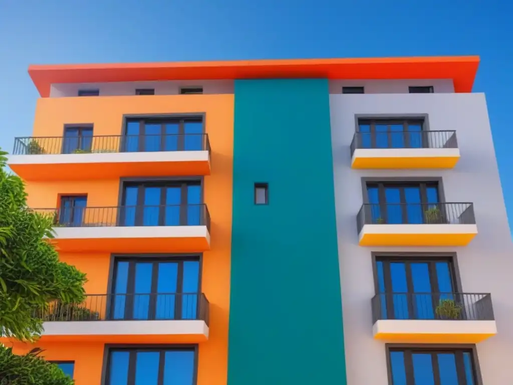 Edificio contemporáneo en México: arquitectura moderna y colores vibrantes Edificio contemporáneo en México con moderna arquitectura y colores vibrantes, bajo cielo azul