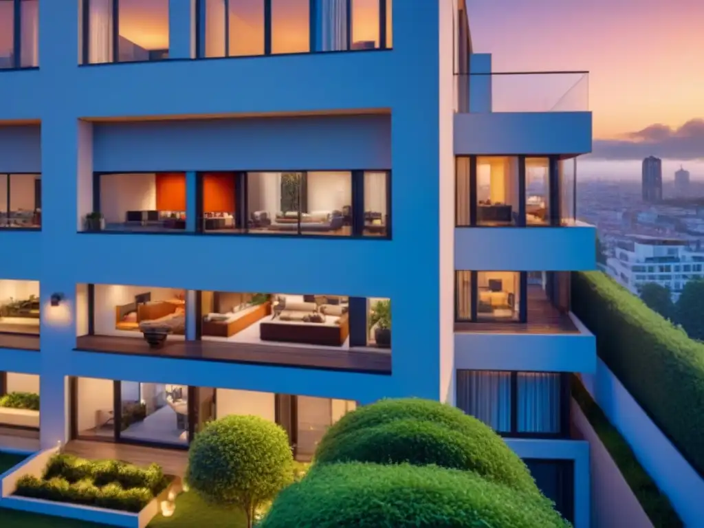 Edificio de apartamentos contemporáneo en la ciudad al atardecer Edificio contemporáneo con ventanales y terraza en la azotea, reflejando la ciudad al atardecer