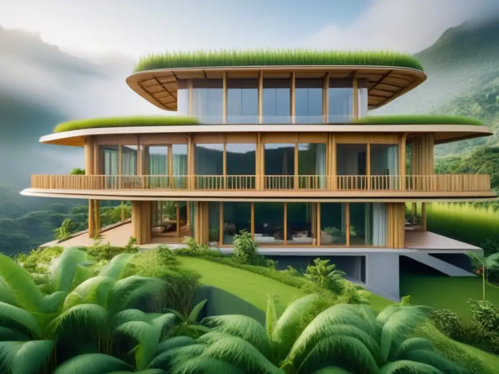 Edificio ecológico de bambú: diseño innovador y sostenible Edificio ecoamigable de bambú con diseño arquitectónico detallado y entorno verde