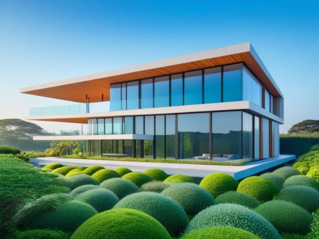 Edificio ecoamigable: diseño innovador y sostenible Edificio ecoamigable con diseño innovador y elementos sostenibles, rodeado de vegetación, bajo cielo azul