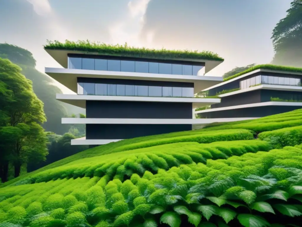 Ecoedificio futurista: diseño innovador en armonía con la naturaleza Un edificio ecoamigable futurista con vegetación exuberante, paneles solares y diseño moderno en perfecta armonía con la naturaleza