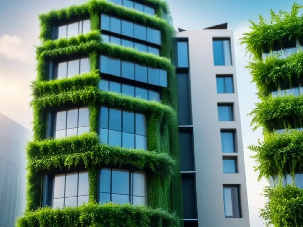 Edificio ecoamigable: diseño energético y sostenible Edificio ecoamigable moderno con soluciones innovadoras de aislamiento térmico, rodeado de vegetación exuberante bajo el sol brillante