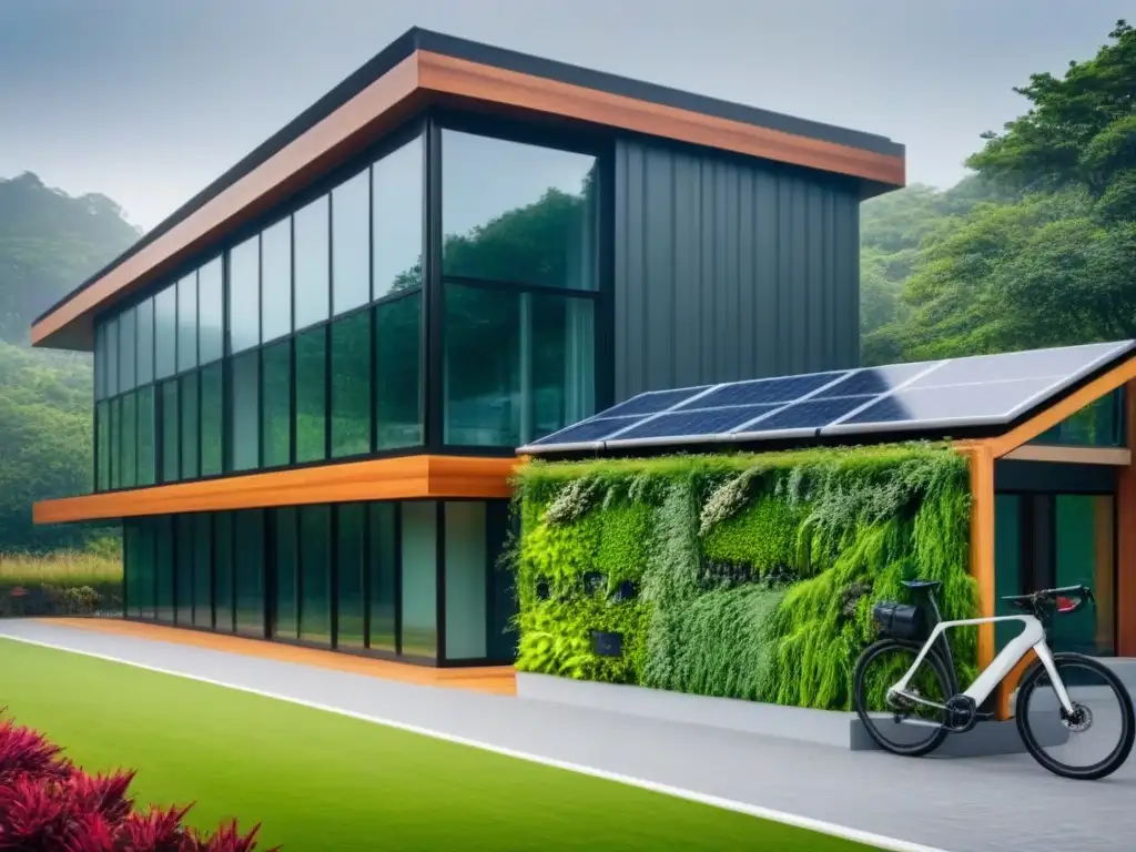 Edificio sostenible con paneles solares y jardín vertical Edificio ecoamigable con paneles solares, muro verde y paisaje sostenible