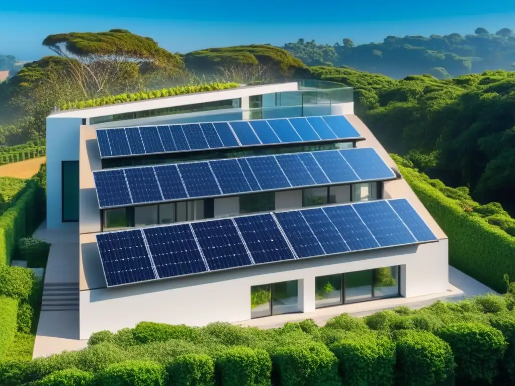 Edificio ecológico: diseño moderno con paneles solares Edificio ecoamigable con paneles solares, rodeado de vegetación y cielo azul, ejemplifica estrategias de inversión inmobiliaria sostenibles