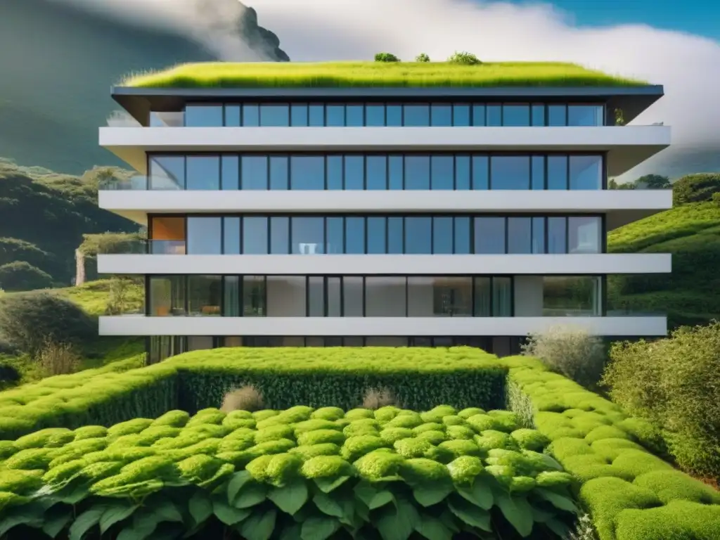 Arquitectura ecofriendly innovadora en entorno natural Un edificio ecoamigable rodeado de vegetación exuberante y paneles solares, refleja innovación y sostenibilidad