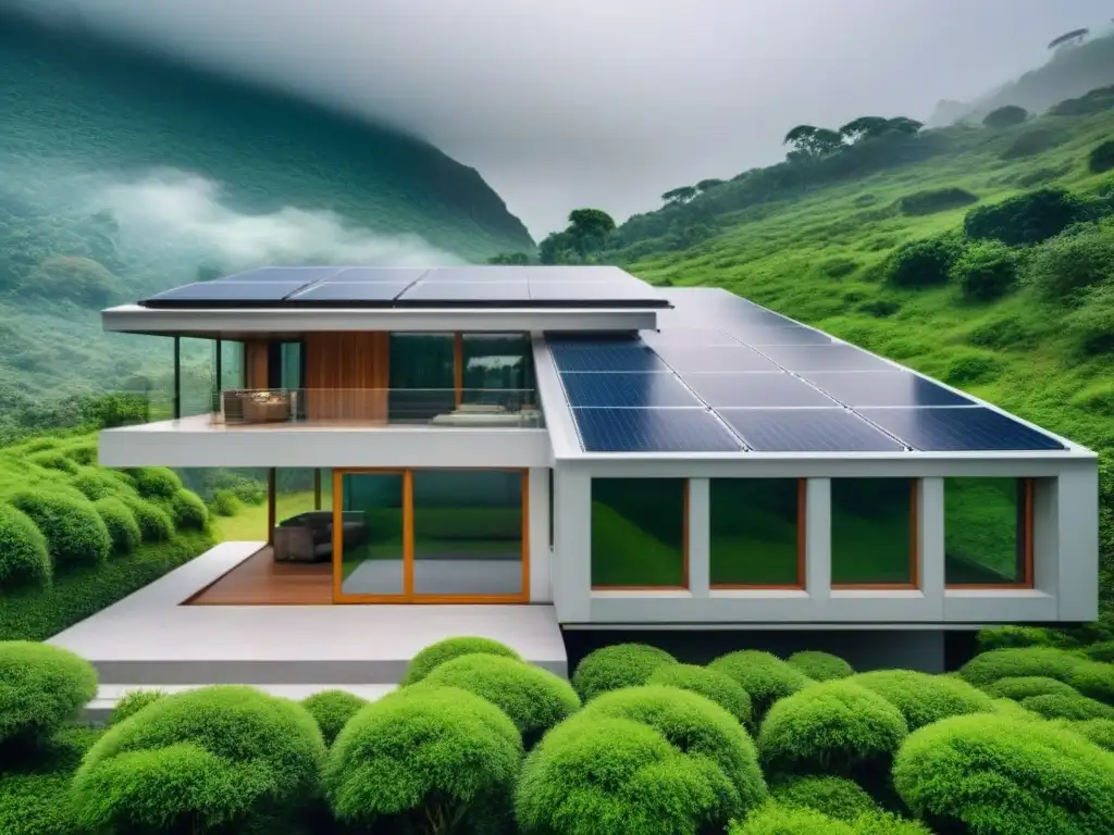 Edificio ecoamigable futurista entre naturaleza exuberante Edificio ecoamigable rodeado de vegetación, paneles solares y sistema de recolección de agua lluvia