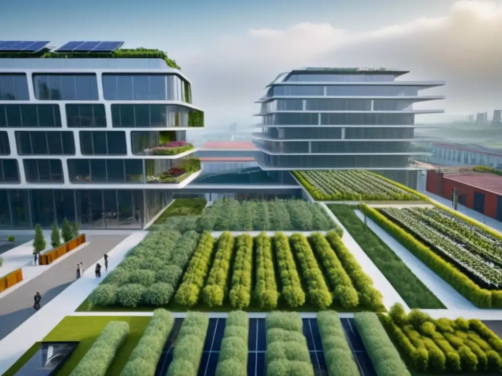 Edificio eco-friendly del futuro: diseño innovador y sostenible Edificio ecoamigable con tecnologías verdes: paneles solares, jardines verticales y sistemas de recolección de agua