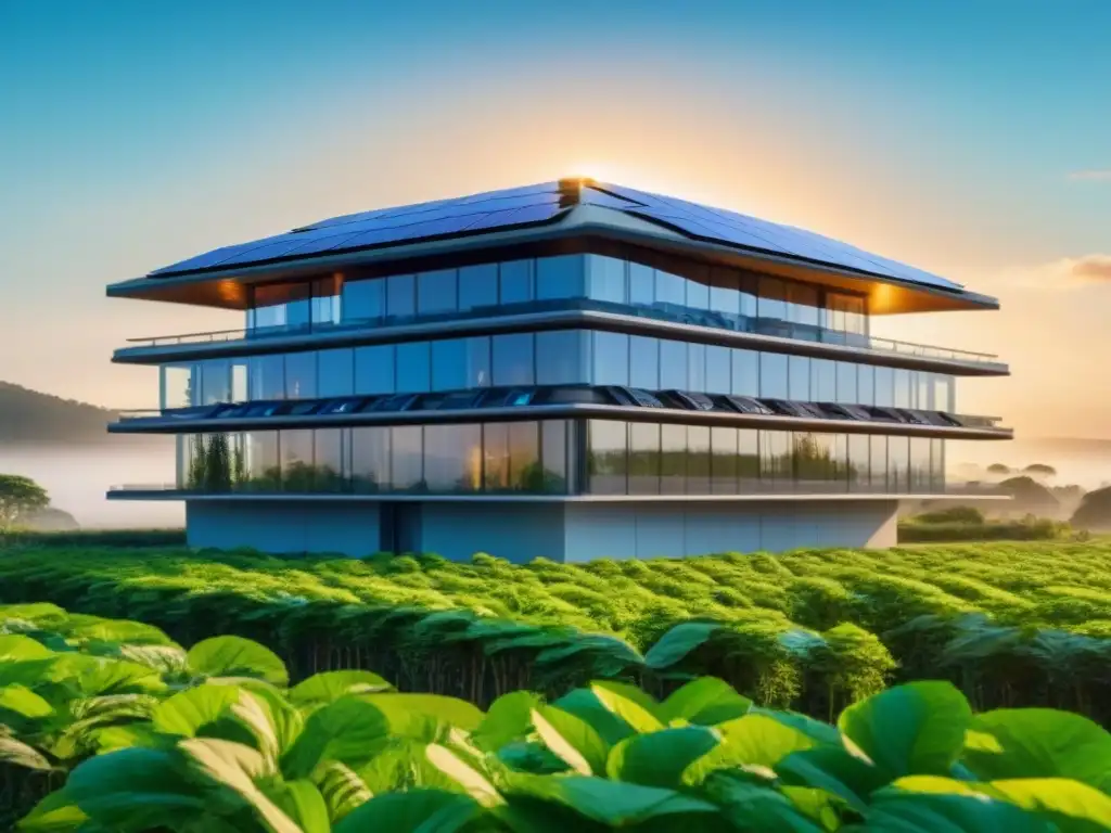Edificio ecológico futurista con paneles solares integrados Edificio ecofriendly con paneles solares integrados en diseño, rodeado de vegetación