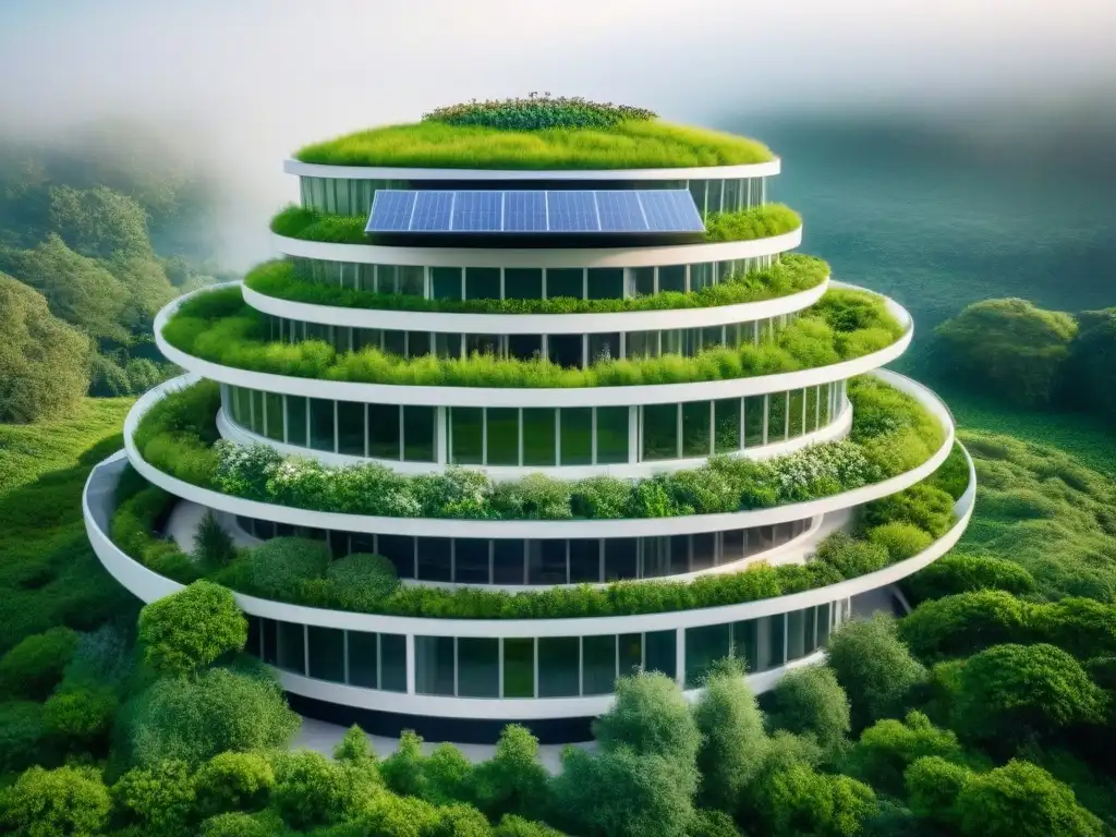 Edificio ecológico futurista: diseño innovador y sostenible Edificio ecológico futurista rodeado de naturaleza y energías renovables