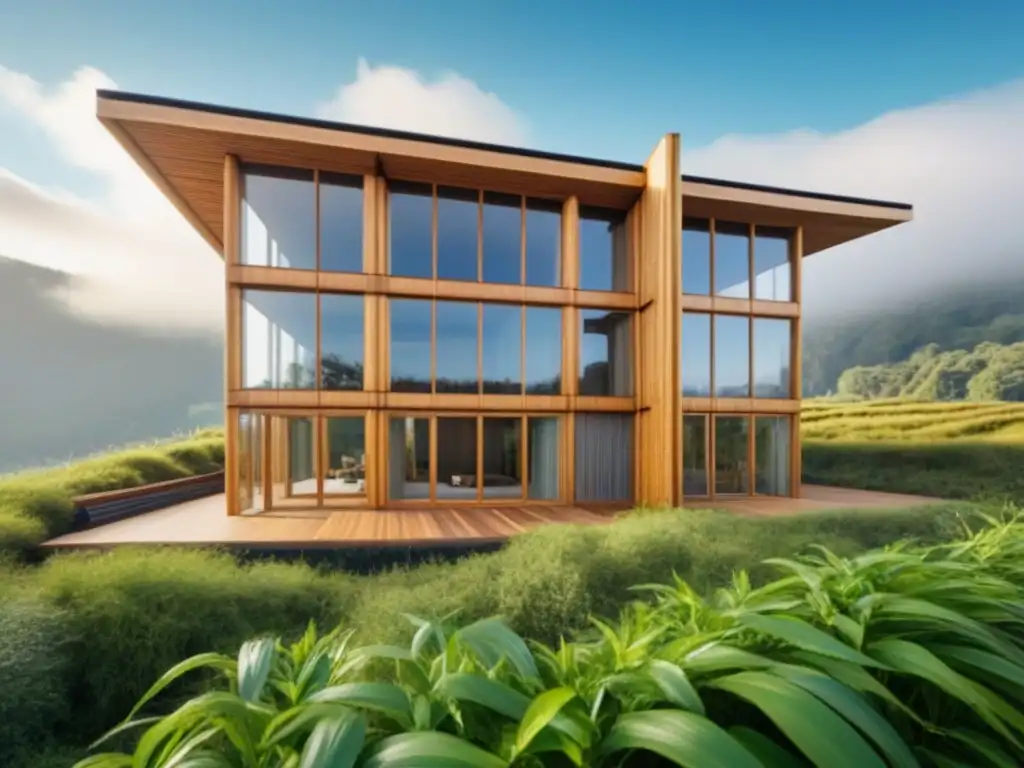 Edificio ecológico: diseño moderno en bambú y madera Edificio ecológico con materiales sostenibles en construcción verde, enfatizando la belleza y funcionalidad