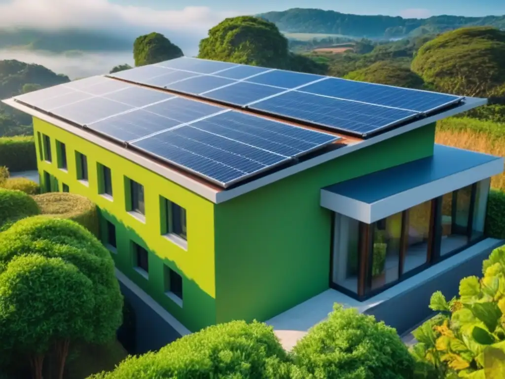 Edificio ecológico con paneles solares y certificación verde Edificio ecológico con paneles solares, rodeado de vegetación, bajo cielo azul