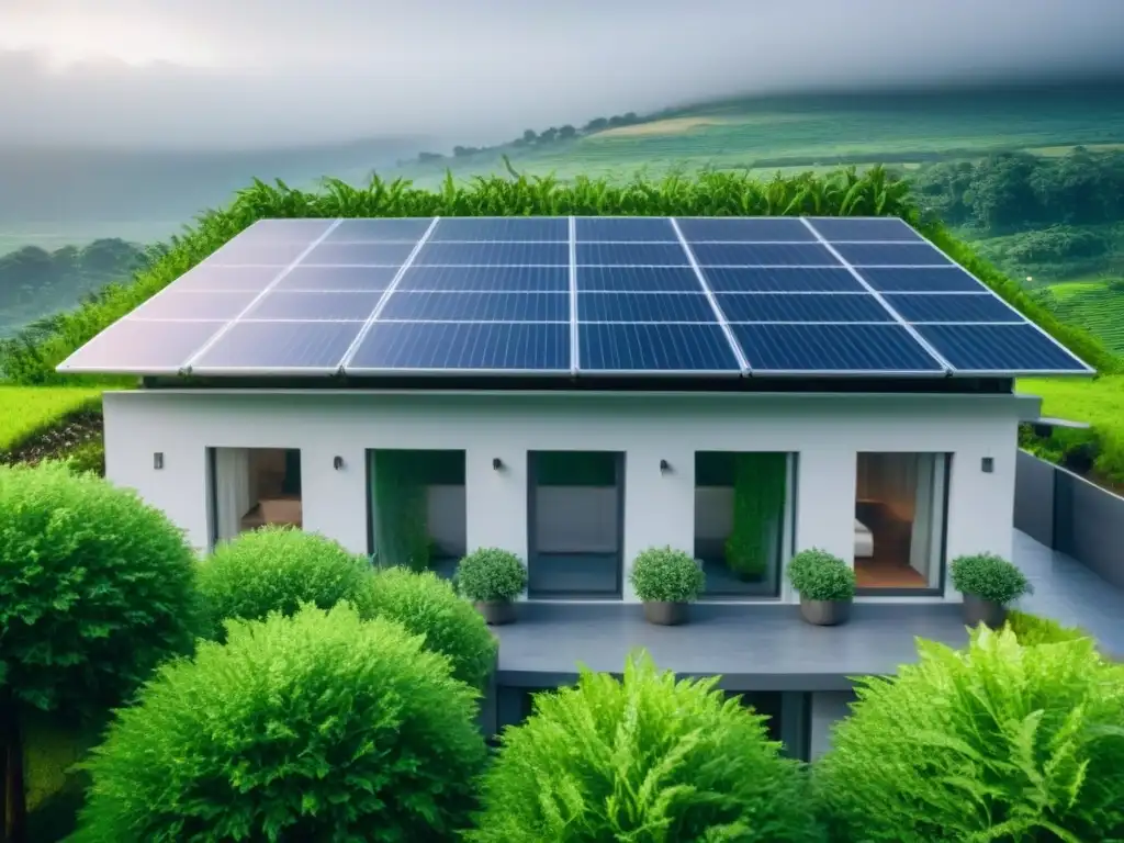 Edificio ecofriendly ultradetallado: sostenibilidad y resiliencia ante el cambio climático Edificio ecológico con paneles solares y turbinas eólicas, rodeado de vegetación