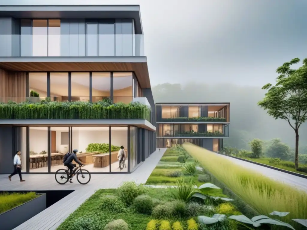 Edificio ecológico: armonía entre naturaleza y arquitectura Edificio ecológico con vegetación, personas activas y diseño sostenible
