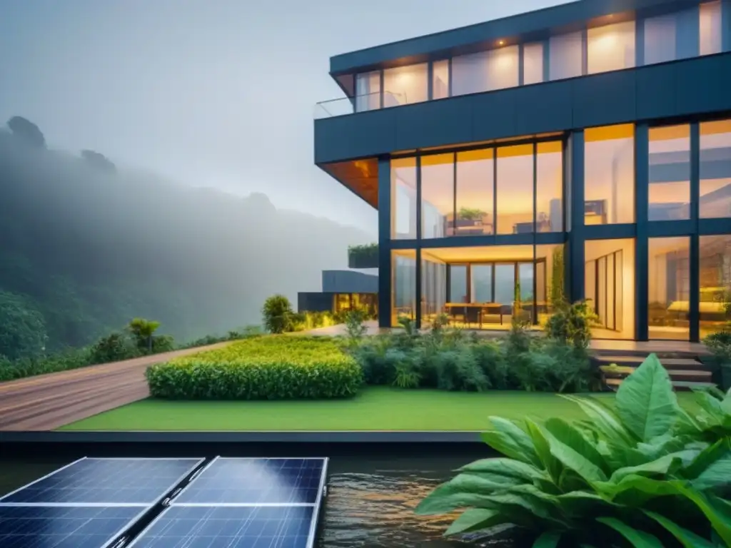 Edificio ecoresponsable con paneles solares integrados y diseño innovador Un edificio ecoresponsable con paneles solares, rodeado de vegetación y sistemas de captación de agua lluvia