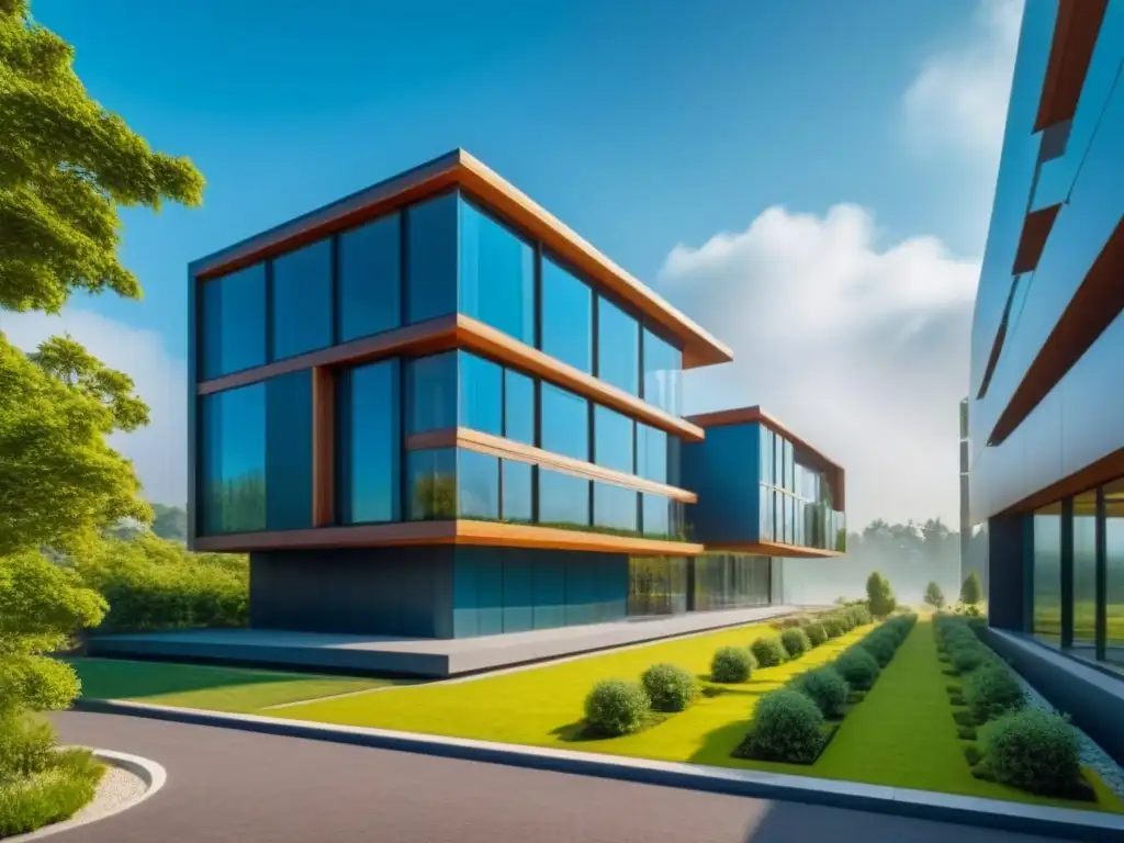 Edificio sostenible futurista: arquitectura verde innovadora Edificio futurista con arquitectura sustentable en valorización inmobiliaria rodeado de vegetación exuberante y paneles solares brillantes