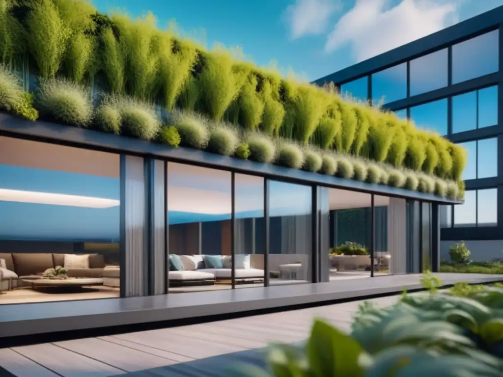 Edificio sostenible futurista con certificación WELL y actividad wellness Un edificio futurista con Certificaciones WELL para inmobiliarias, integrando sostenibilidad y bienestar