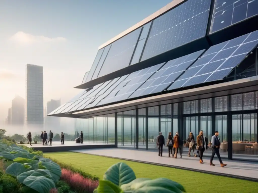 Edificio futurista de paneles solares transparentes integrando naturaleza Edificio futurista de diseño sustentable en construcción con paneles solares transparentes, vegetación integrada y efecto de luz solar reflejado