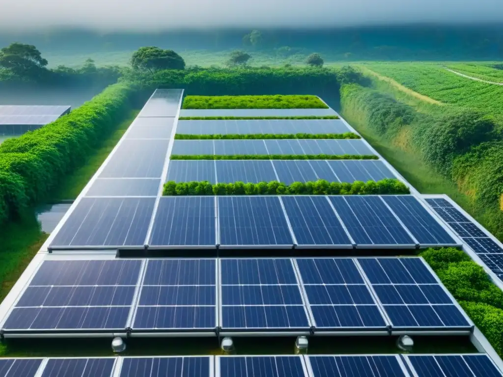 Edificio ecológico futurista: símbolo de diseño sostenible Un edificio futurista ecoamigable rodeado de vegetación, paneles solares y sistema de reciclaje de agua
