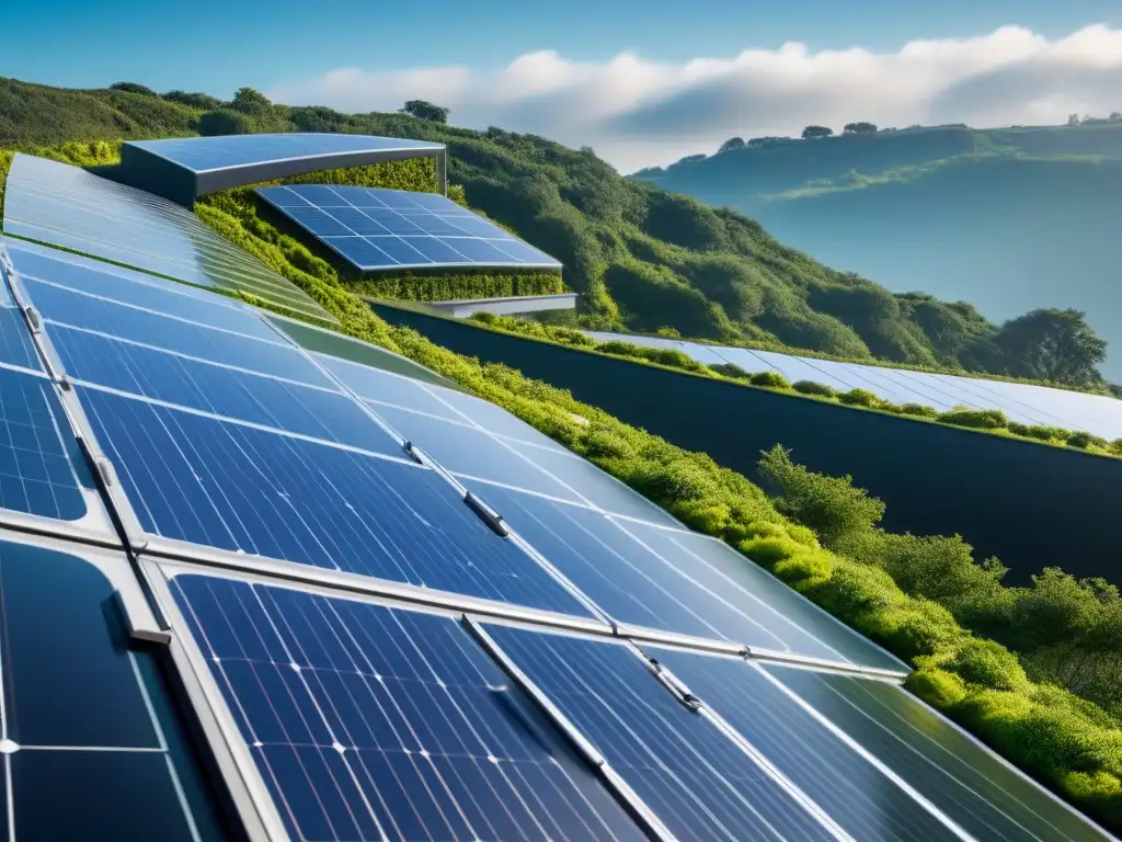 Edificio futurista energéticamente eficiente en armonía con la naturaleza Edificio futurista eficiente energéticamente con diseño innovador y vegetación exuberante, bajo cielo azul