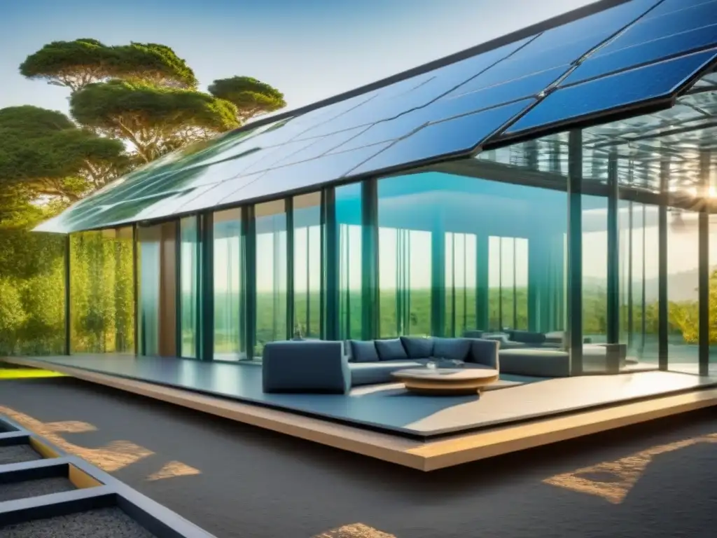 Edificio futurista de paneles solares transparentes: diseño sostenible en armonía con la naturaleza Un edificio futurista hecho de paneles solares transparentes reflejando los rayos del sol, integrando naturaleza y tecnología