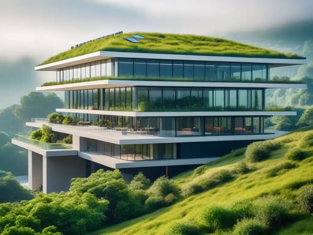 Edificio sostenible futurista en paisaje verde: diseño innovador en 8k Edificio futurista integrado en paisaje verde con materiales sustentables conservación arquitectónica