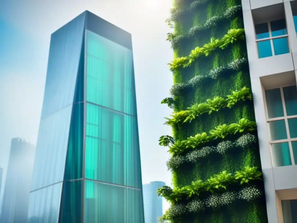 Rascacielos futurista con jardines verticales verdes vibrantes Edificio futurista con jardinería vertical vibrante, fusionando naturaleza y arquitectura moderna