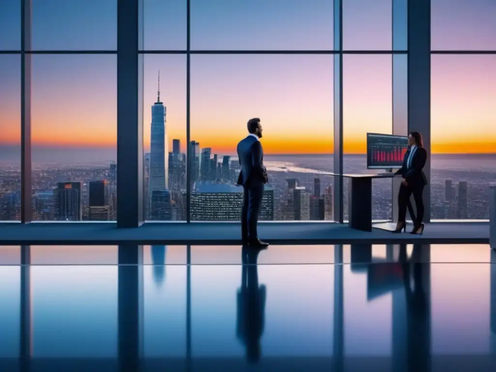 Oficina futurista en 8k: innovación y éxito en inversiones inmobiliarias Edificio futurista de oficinas al atardecer con profesionales en software análisis financiero inversiones inmobiliarias