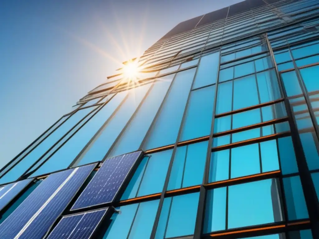 Rascacielos futurista con paneles solares integrados Edificio futurista con paneles solares integrados, reflejando la ciudad