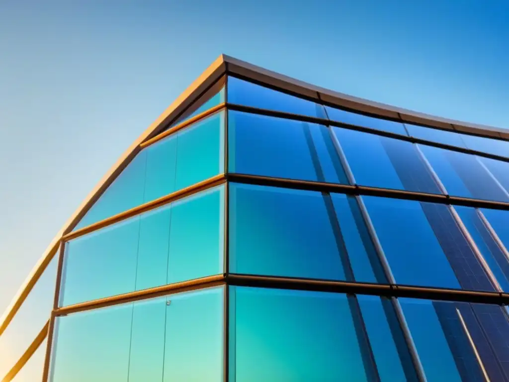 Edificio futurista con paneles solares y vegetación integrada Un edificio futurista con paneles solares reflejando la luz del sol en tonos azules y verdes, diseño eficiente para ahorro energético
