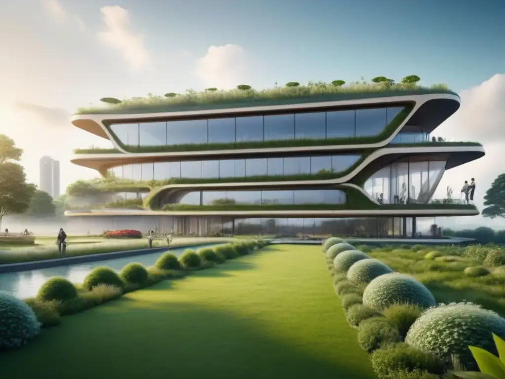 Edificio ecoamigable: diseño sostenible en armonía con la naturaleza Edificio futurista integrando principios sostenibles inmobiliarios en paisaje verde y armonioso
