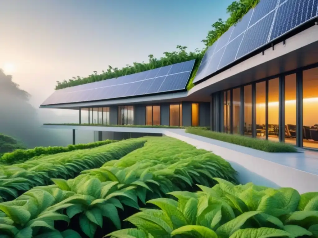 Arquitectura sostenible futurista en armonía con la naturaleza Un edificio futurista rodeado de vegetación exuberante, con tecnologías avanzadas de conservación ambiental