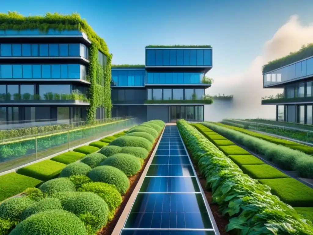 Edificio verde futurista: diseño sostenible en 8k Edificio futurista rodeado de vegetación con diseño sostenible, innovador y sofisticado, ideal para estrategias de inversión inmobiliaria sostenible