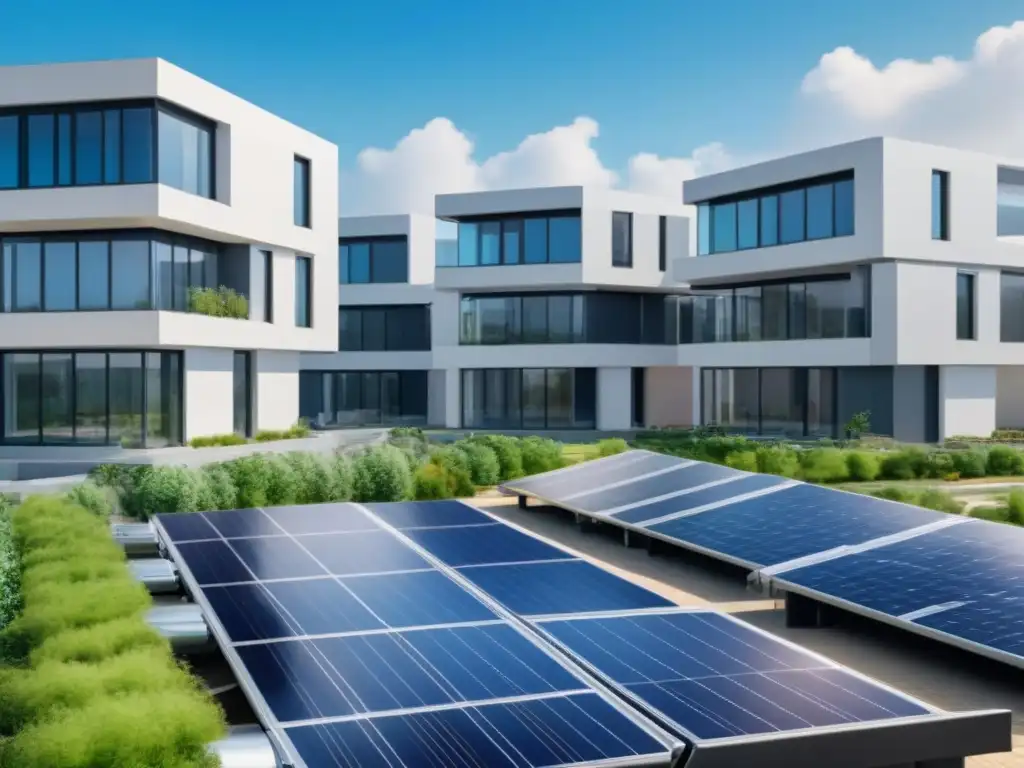 Complejo arquitectónico futurista sostenible: diseño ecoamigable en 8K Edificio futurista sostenible con arquitectura moderna y espacios verdes