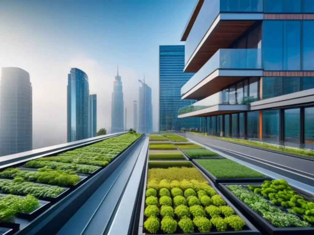 Edificio futurista sostenible en ciudad vibrante Edificio futurista sostenible en ciudad vibrante, con paneles solares y espacios verdes
