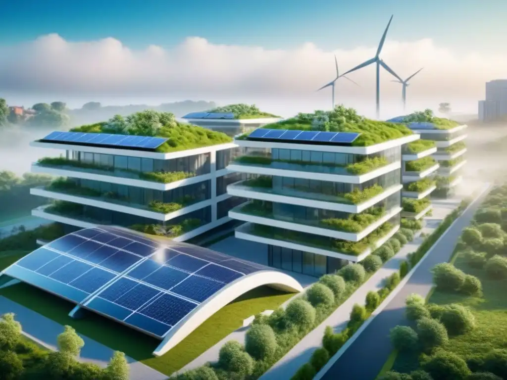 Complejo arquitectónico sostenible del futuro en 8K Edificio futurista sostenible con innovación en desarrollo inmobiliario sostenible
