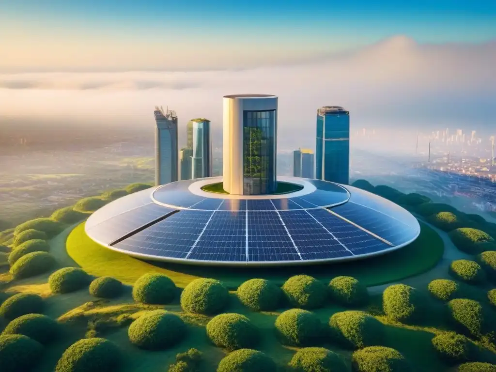 Arquitectura futurista sostenible con energías renovables y vegetación exuberante Un edificio futurista sostenible muestra energías renovables con vegetación integrada, en contraste con el cielo azul y la ciudad