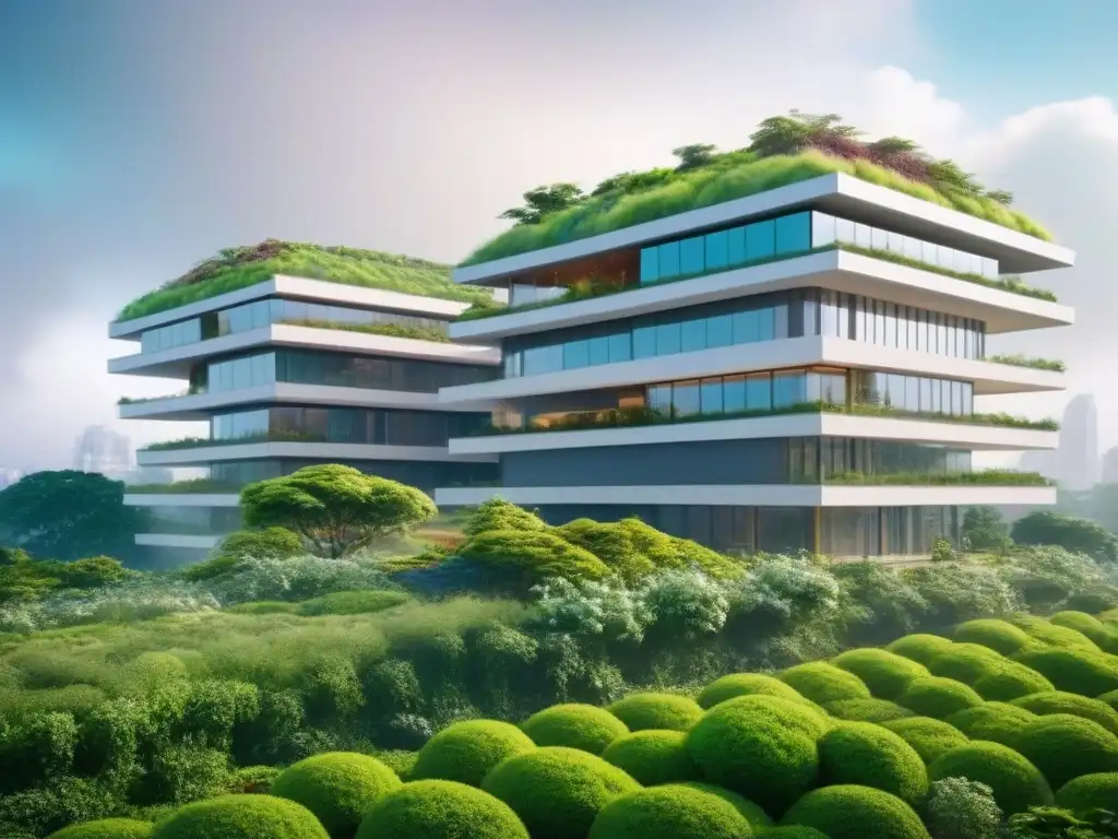 Edificio sustentable en entorno verde: diseño ecoamigable Edificio futurista sostenible en paisaje verde con diseño innovador de paisajismo sostenible en desarrollo inmobiliario