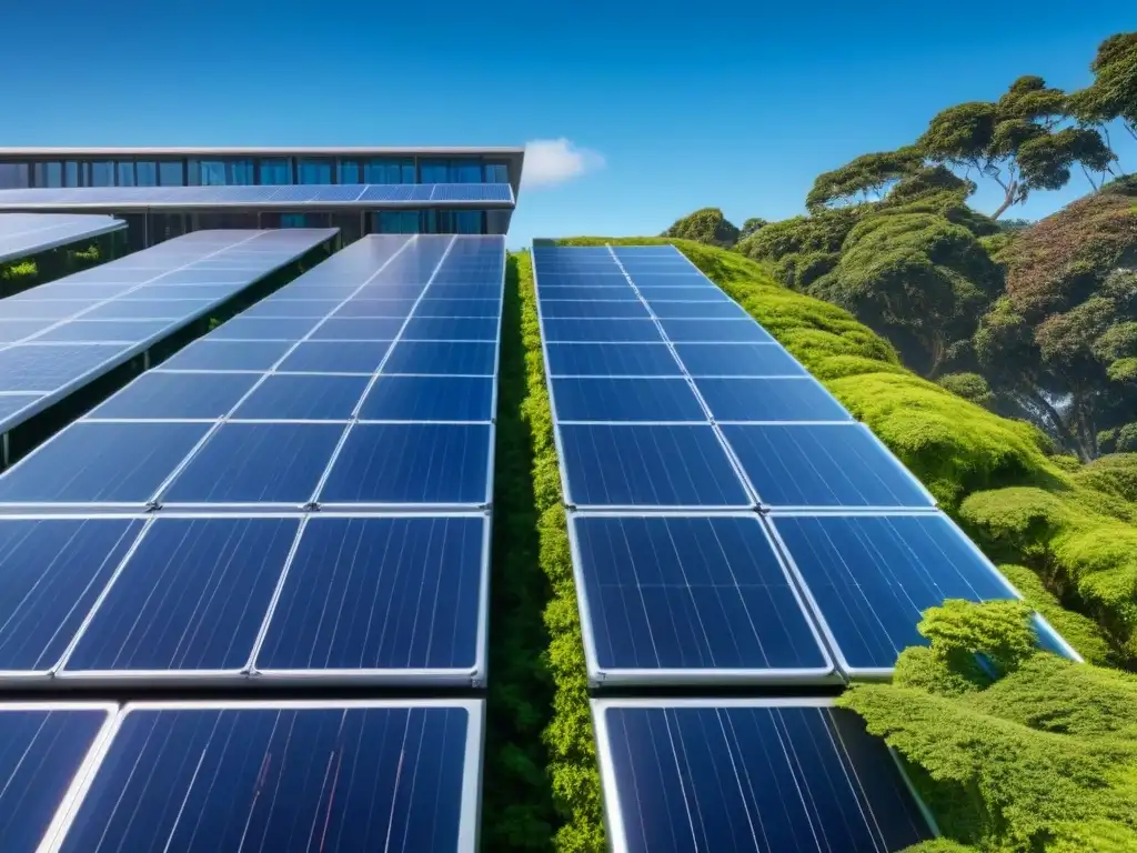 Edificio sostenible futurista con paneles solares y vegetación Edificio futurista sostenible con paneles solares, vegetación exuberante y cielo azul