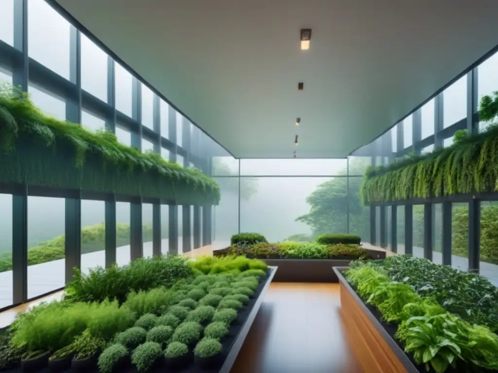 Edificio sostenible futurista: diseño verde y vanguardista Edificio futurista sostenible con paredes verdes y paneles solares, rodeado de naturaleza