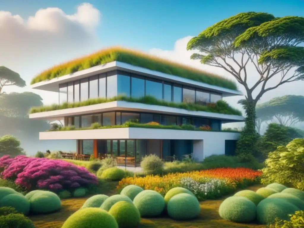 Edificio futurista sostenible con techo verde y paneles solares Edificio futurista y sostenible con techo verde, paneles solares y ventanales