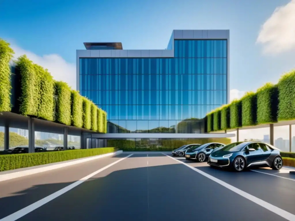 Edificio inteligente: diseño futurista y sostenible en 8k Edificio futurista con tecnología sustentable y vehículos eléctricos en ciudad moderna