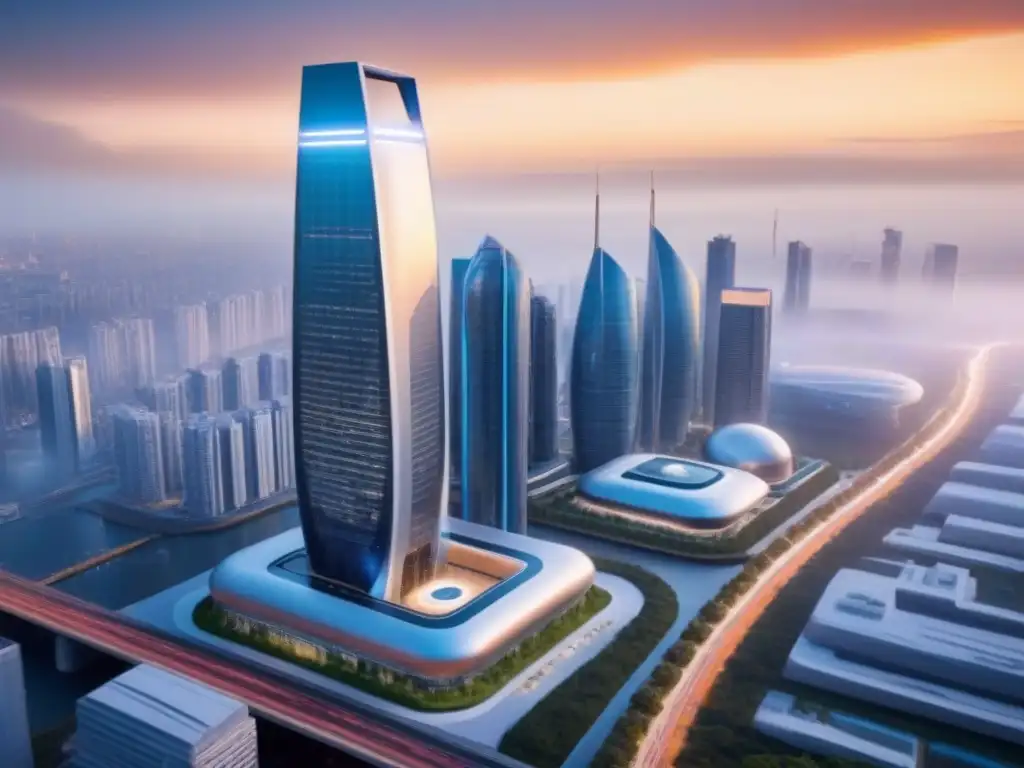 Arquitectura futurista: edificio inteligente con tecnología AI avanzada Un edificio futurista con tecnología de vanguardia y materiales avanzados, destacando la Inteligencia Artificial en Construcción Inmobiliaria