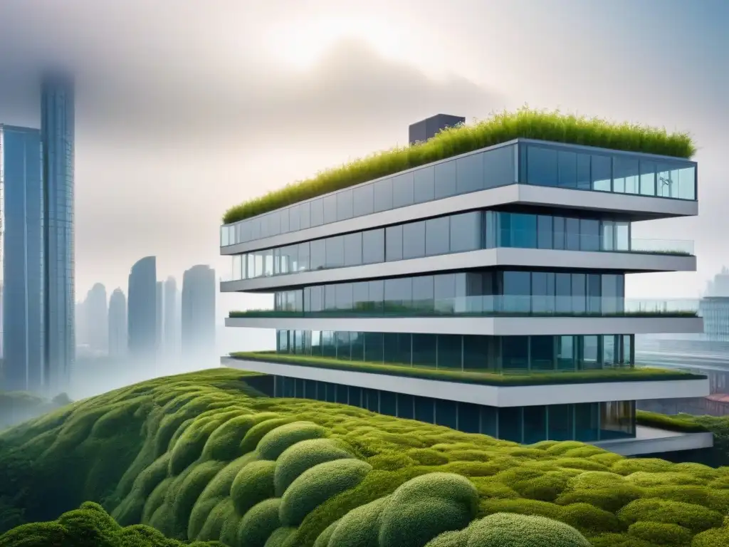 Edificio futurista con tecnologías climáticas avanzadas Un edificio futurista con tecnologías climáticamente resistentes y elementos ecológicos, en una ciudad sostenible