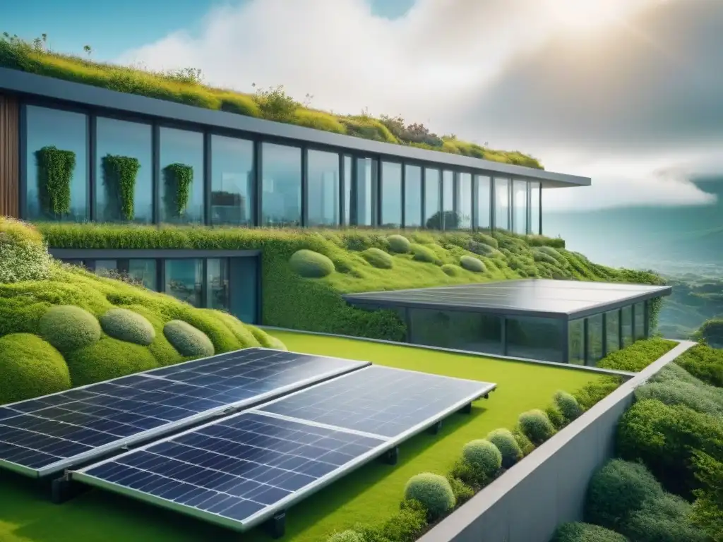 Edificio verde futurista en paisaje vibrante Un edificio futurista verde integrado en un paisaje exuberante, destacando tecnologías ecoamigables