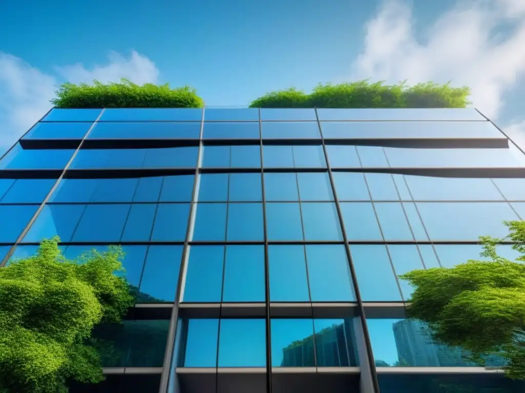 Edificio de oficinas futurista y tecnológico en armonía con la naturaleza Edificio futurista con vidrios reflectantes, integrando tecnología y naturaleza
