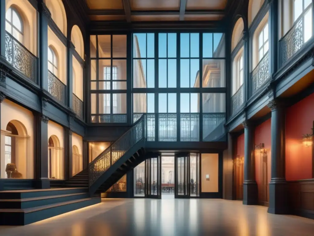 Transformación histórica: Elevador de cristal integrado en edificio antiguo Transformación de un edificio histórico con ascensor de vidrio integrado, destacando la adaptación de espacios históricos